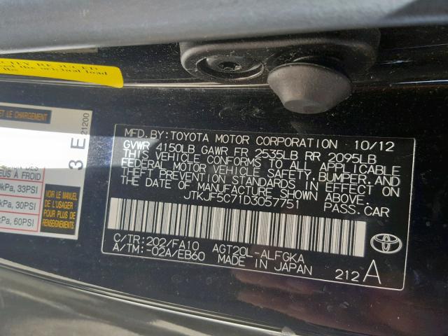 JTKJF5C71D3057751 - 2013 TOYOTA SCION TC შავი ფოტო 10