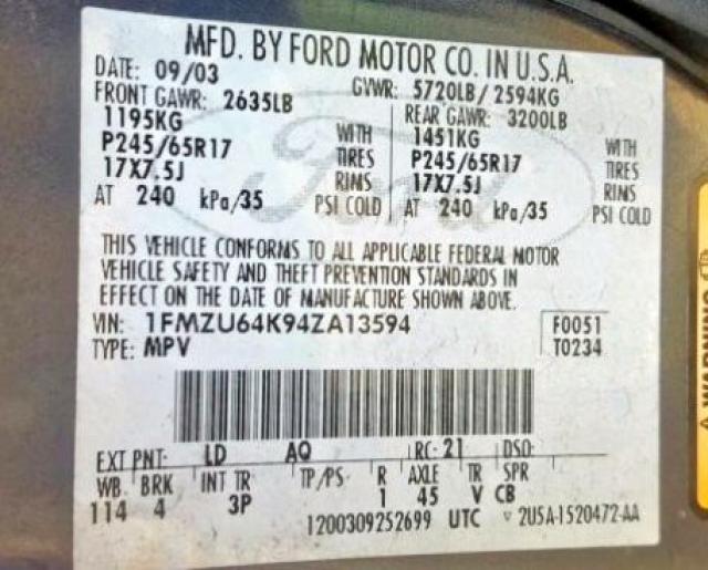 1FMZU64K94ZA13594 - 2004 FORD EXPLORER E BLUE photo 10