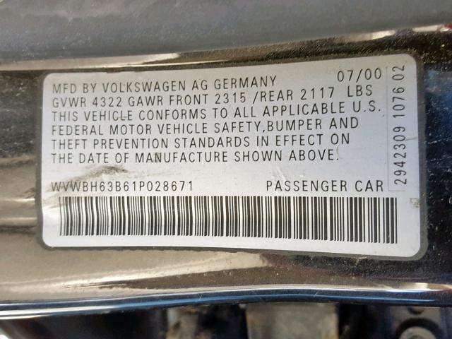 WVWBH63B61P028671 - 2001 VOLKSWAGEN PASSAT GLX 黑色 照片 10