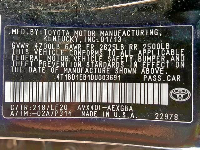 4T1BD1EB1DU003691 - 2013 TOYOTA AVALON HYB BLACK photo 10