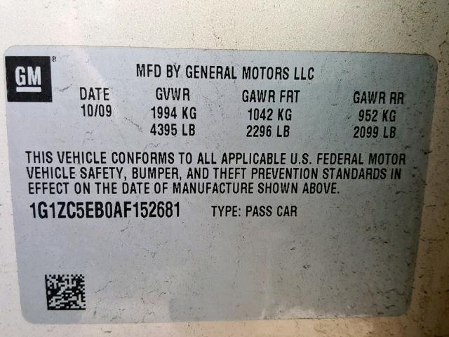 1G1ZC5EB0AF152681 - 2010 CHEVROLET MALIBU 1LT თაფლისფერი ფოტო 10