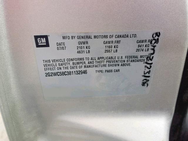 2G2WC58C381132946 - 2008 PONTIAC GRAND PRIX SILVER photo 10