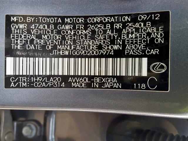 JTHBW1GG9D2007974 - 2013 LEXUS ES 300H GRAY photo 10