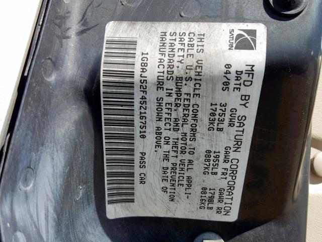 1G8AJ52F45Z167510 - 2005 SATURN ION LEVEL GOLD photo 10