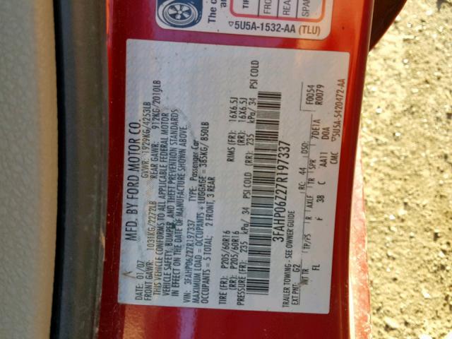 3FAHP06Z27R197337 - 2007 FORD FUSION S RED photo 10