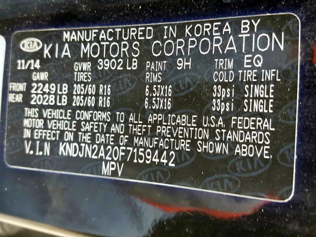 KNDJN2A20F7159442 - 2015 KIA SOUL  photo 10