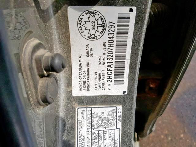 2HGFA15207H043297 - 2007 HONDA CIVIC DX GRAY photo 9