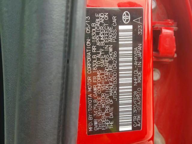 JTDKDTB30D1042786 - 2013 TOYOTA PRIUS C RED photo 10