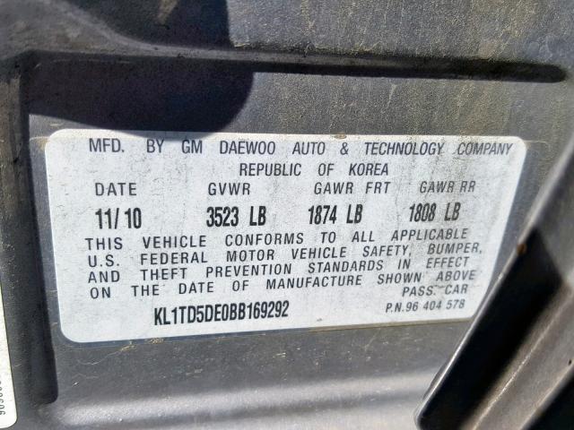 KL1TD5DE0BB169292 - 2011 CHEVROLET AVEO LS GRAY photo 10