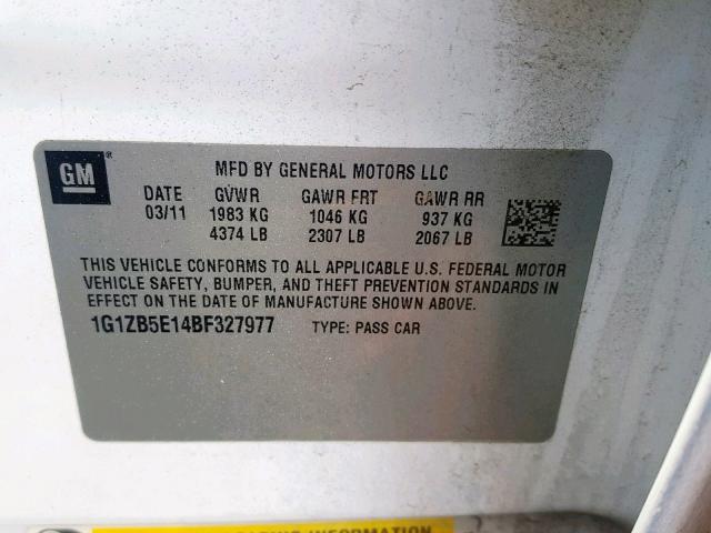 1G1ZB5E14BF327977 - 2011 CHEVROLET MALIBU LS თეთრი ფოტო 10