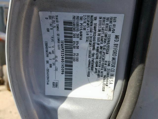 1FAHP55244G145096 - 2004 FORD TAURUS SES SILVER photo 10