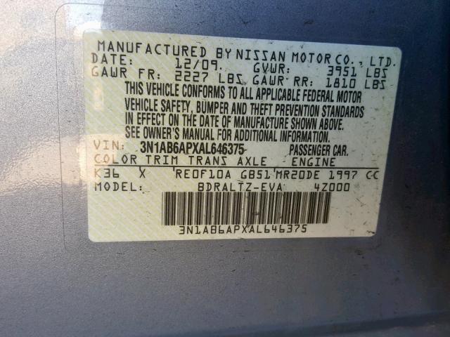 3N1AB6APXAL646375 - 2010 NISSAN SENTRA 2.0 SILVER photo 10