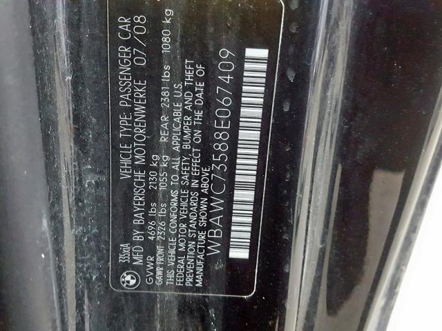 WBAWC73588E067409 - 2008 BMW 335 XI BLACK photo 10