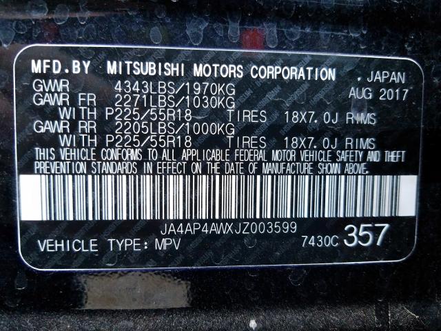 JA4AP4AWXJZ003599 - 2018 MITSUBISHI OUTLANDER SPORT SEL  photo 10