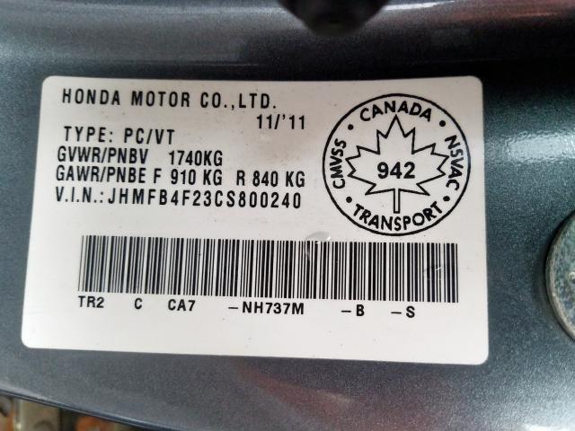 JHMFB4F23CS800240 - 2012 HONDA CIVIC HYBRID  photo 10