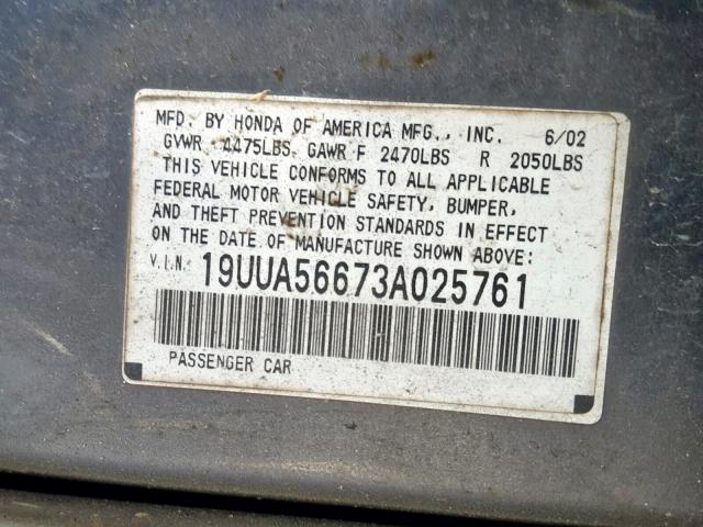 19UUA56673A025761 - 2003 ACURA 3.2TL GRAY photo 10