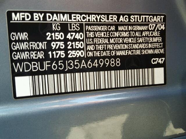 WDBUF65J35A649988 - 2005 MERCEDES-BENZ E 320 BLUE photo 10