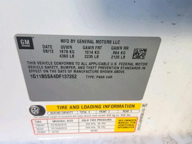 1G11B5SA4DF137262 - 2013 CHEVROLET MALIBU LS WHITE photo 10