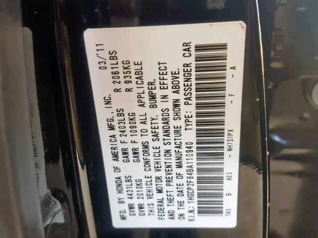 1HGCP2F84BA110940 - 2011 HONDA ACCORD EXL BLACK photo 10