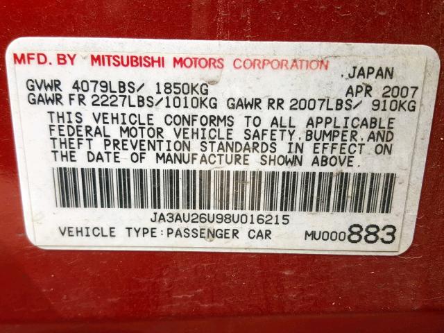 JA3AU26U98U016215 - 2008 MITSUBISHI LANCER ES RED photo 10