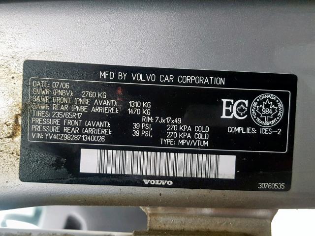 YV4CZ982871340026 - 2007 VOLVO XC90 3.2 SILVER photo 10