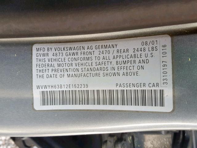 WVWYH63B12E152239 - 2002 VOLKSWAGEN PASSAT GLX GRAY photo 10