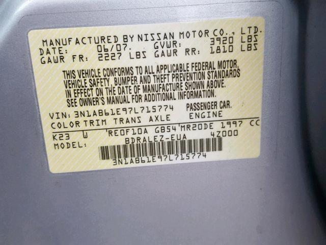 3N1AB61E97L715774 - 2007 NISSAN SENTRA 2.0 GRAY photo 10