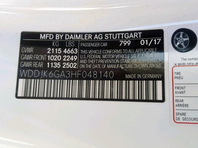 WDDJK6GA3HF048140 - 2017 MERCEDES-BENZ SL 450 WHITE photo 10