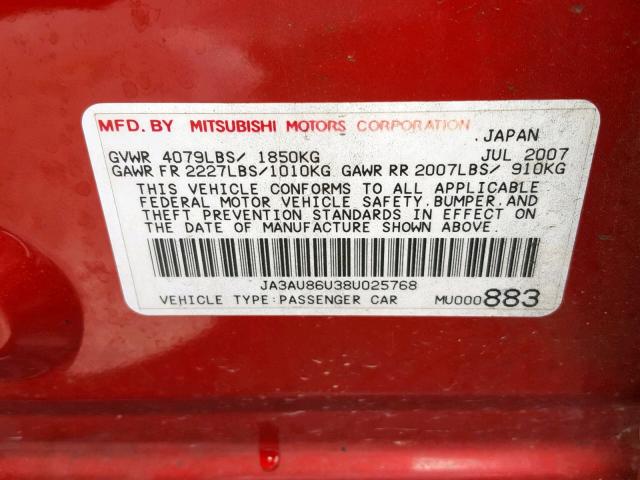 JA3AU86U38U025768 - 2008 MITSUBISHI LANCER GTS RED photo 10