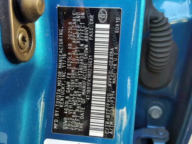 4T1BD1FK1HU216631 - 2017 TOYOTA CAMRY HYBR BLUE photo 10