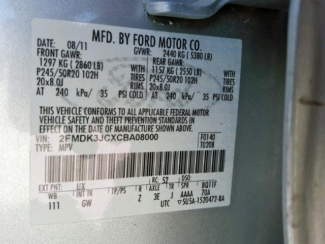 2FMDK3JCXCBA08000 - 2012 FORD EDGE SEL SILVER photo 10