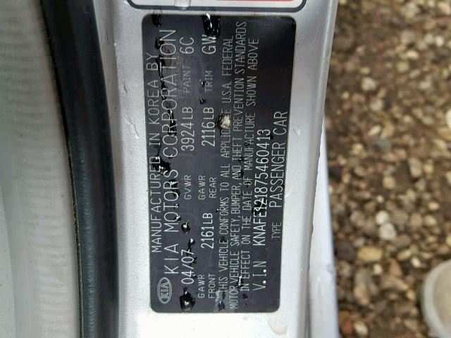 KNAFE121875460413 - 2007 KIA SPECTRA EX SILVER photo 10