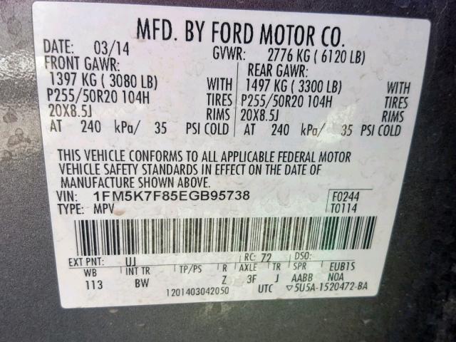 1FM5K7F85EGB95738 - 2014 FORD EXPLORER L GRAY photo 10