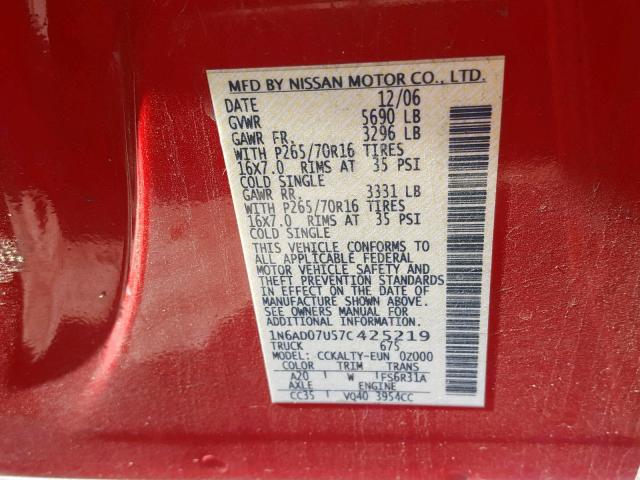 1N6AD07U57C425219 - 2007 NISSAN FRONTIER C RED photo 10