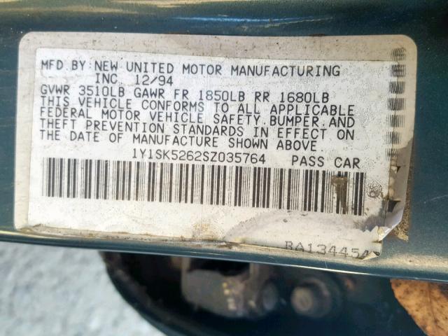 1Y1SK5262SZ035764 - 1995 GEO PRIZM BASE მწვანე ფოტო 10