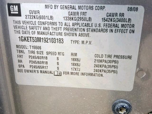 1GKET53M192103183 - 2009 GMC ENVOY DENA GRAY photo 10