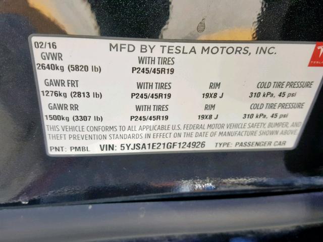 5YJSA1E21GF124926 - 2016 TESLA MODEL S BLACK photo 10