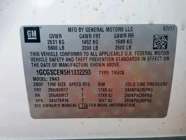 1GCGSCEN5H1332293 - 2017 CHEVROLET COLORADO L WHITE photo 10