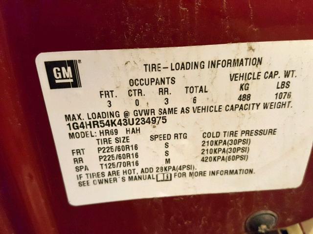 1G4HR54K43U234975 - 2003 BUICK LESABRE LI MAROON photo 10