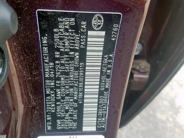 4T1BK1EB8JU289119 - 2018 TOYOTA AVALON XLE PURPLE photo 10