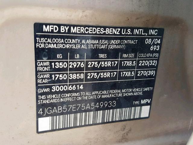 4JGAB57E75A549933 - 2005 MERCEDES-BENZ ML 350 GOLD photo 10