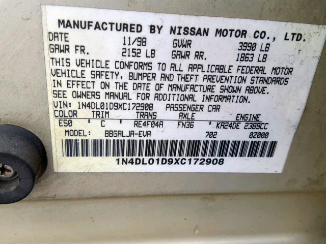 1N4DL01D9XC172908 - 1999 NISSAN ALTIMA XE CREAM photo 10