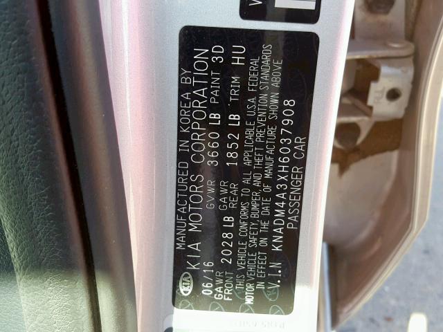 KNADM4A3XH6037908 - 2017 KIA RIO LX SILVER photo 10