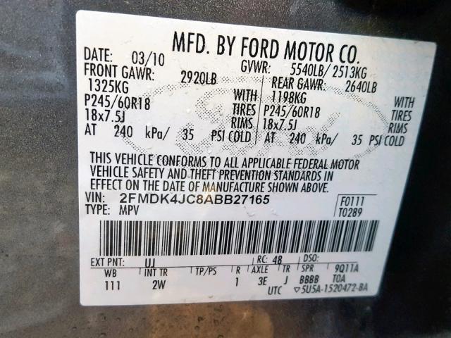 2FMDK4JC8ABB27165 - 2010 FORD EDGE SEL GRAY photo 10