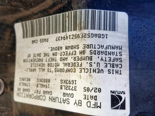 1G8AG52F95Z149437 - 2005 SATURN ION LEVEL BLACK photo 10