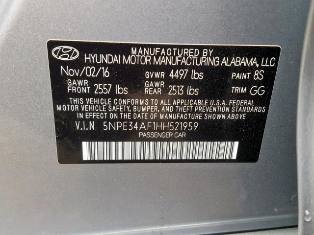 5NPE34AF1HH521959 - 2017 HYUNDAI SONATA SPO SILVER photo 10