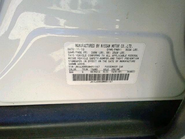 JN1AJ0HR0BM851167 - 2011 INFINITI EX35 BASE WHITE photo 10