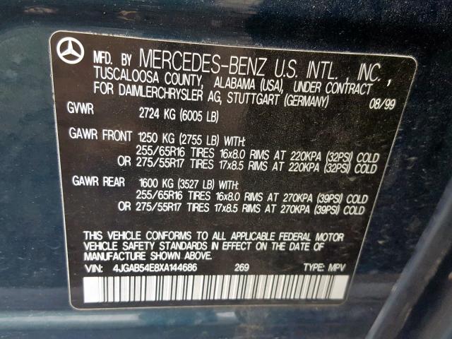 4JGAB54E8XA144686 - 1999 MERCEDES-BENZ ML 320 GREEN photo 10