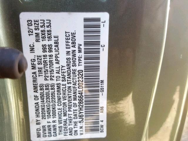 5J6YH28664L002320 - 2004 HONDA ELEMENT EX GREEN photo 10