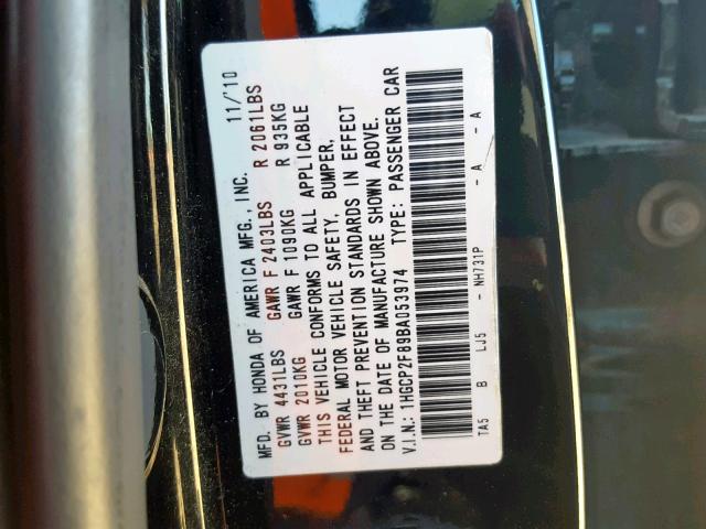 1HGCP2F89BA053974 - 2011 HONDA ACCORD EXL BLACK photo 10